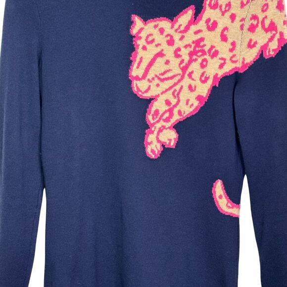 Lilly Pulitzer Size Small Wool Blend True Navy Cheetah Intarsia Charter Sweater - Picture 3 of 8